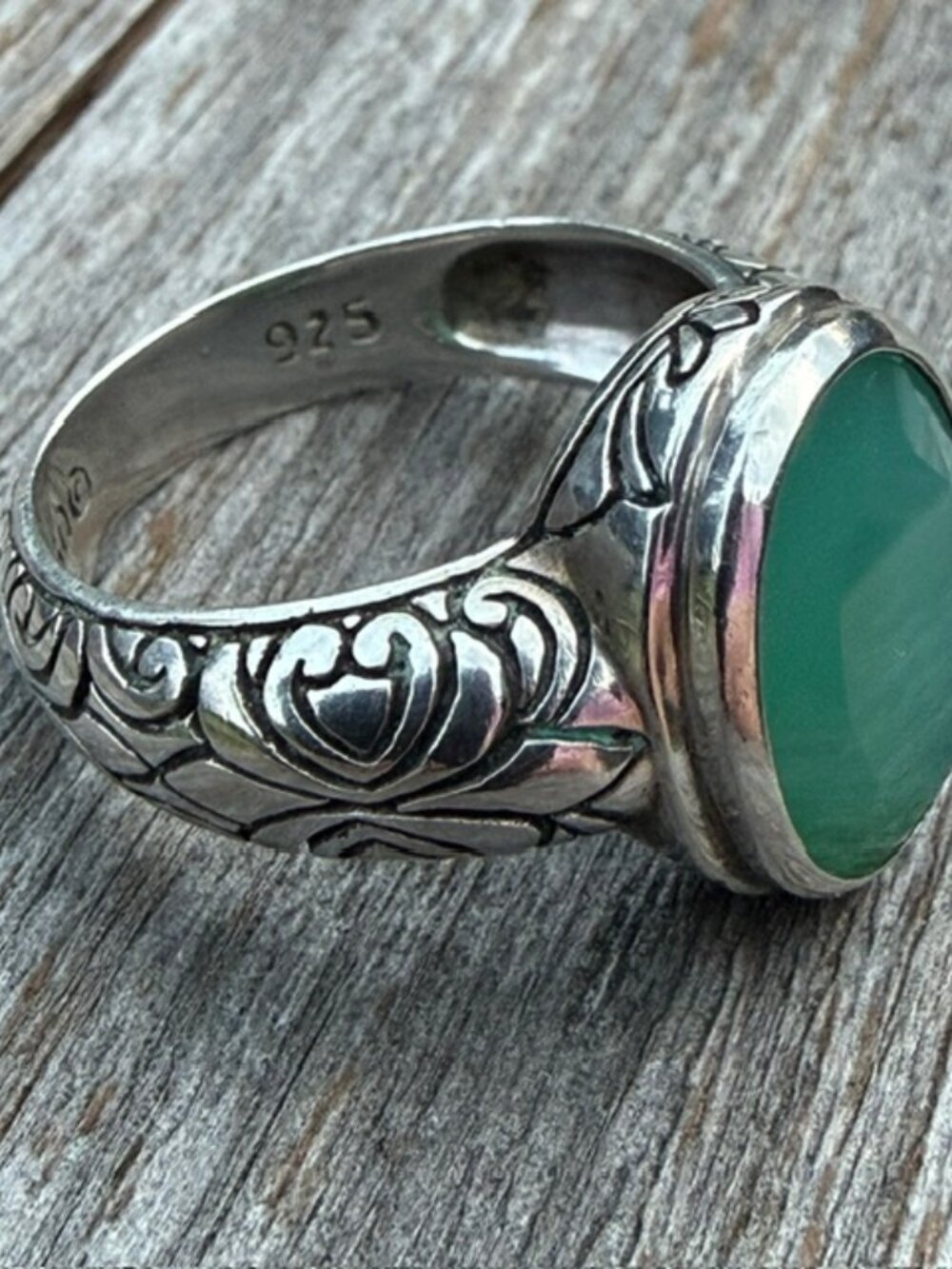 Vintage Sterling Ring Rose Cut Green Chalcedony Janice Girardi Designs Size 10 - Picture 8 of 13